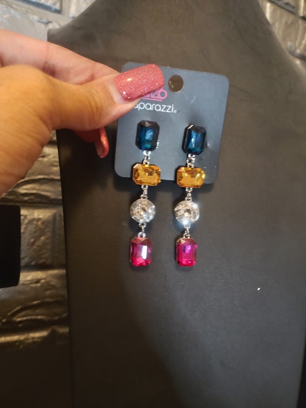Paparazzi Blue, Gold, Clear & Pink Gem Drop Earrings